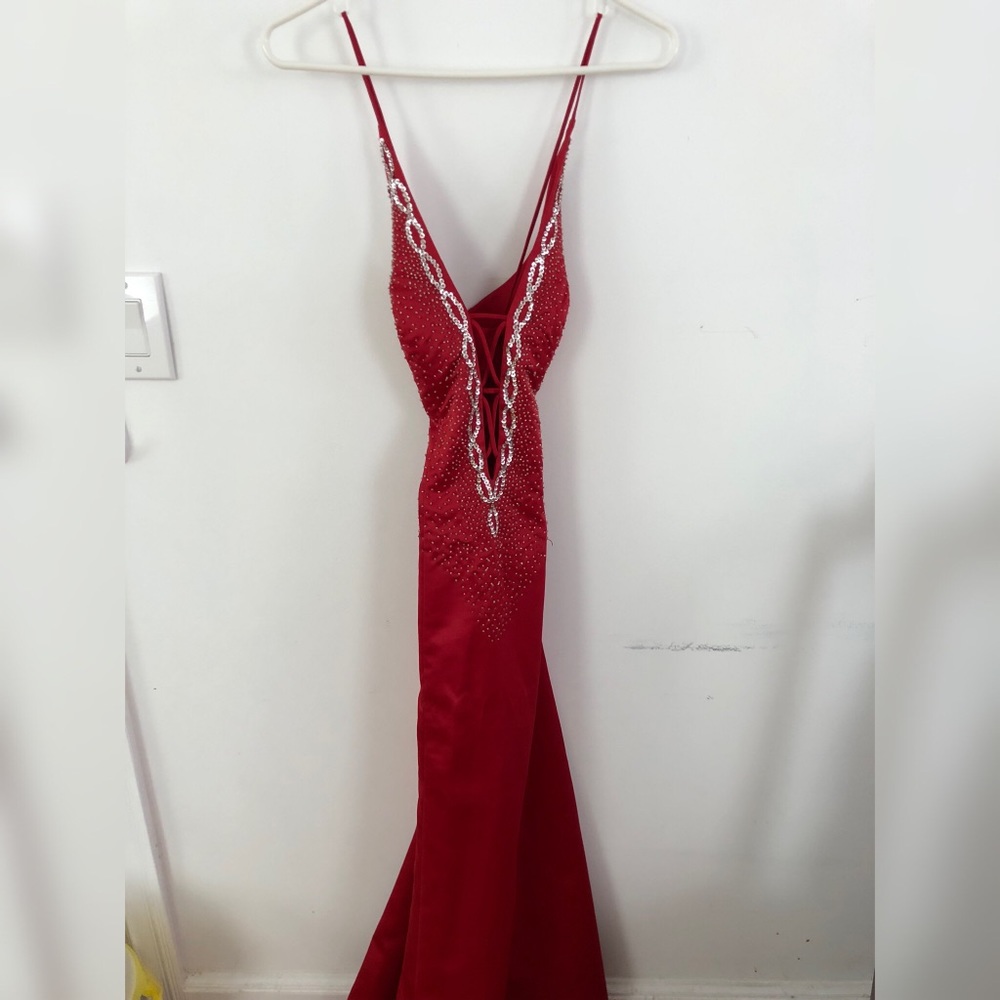 Red Sequined Low Cut Strappy Prom Formal Dress